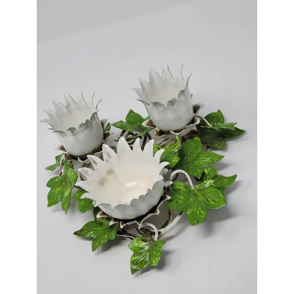 Vintage Painted Metal Flower‎ And Leaves Metal Candle Holder